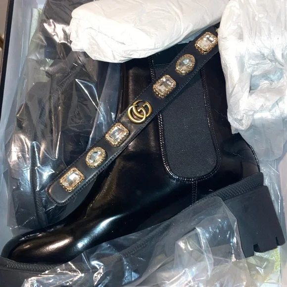 Gucci | Shoes | Gucci Black Ankle Boots With Gold Gg Strap 